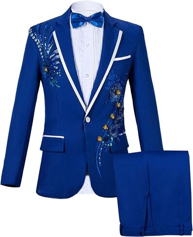 Mens 2 Pieces Luxury Embroidered Suits 1 Button Print Dinner Tuxedo Jacket Prom Wedding Elegant Blazer Dress Suit in Kuwait