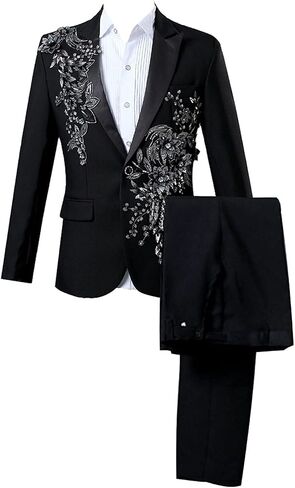 Mens 2 Pieces Luxury Embroidered Suits 1 Button Print Dinner Tuxedo Jacket Prom Wedding Elegant Blazer Dress Suit in Kuwait