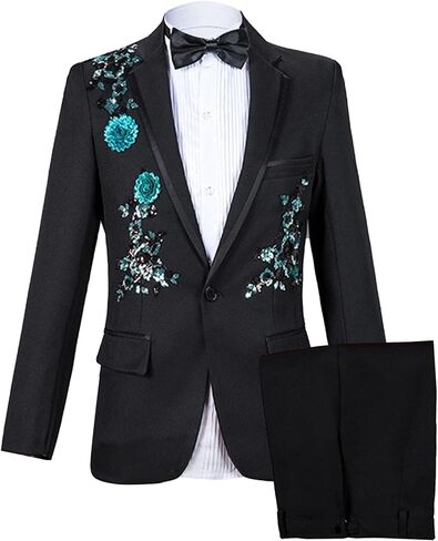 Mens 2 Pieces Luxury Embroidered Suits 1 Button Print Dinner Tuxedo Jacket Prom Wedding Elegant Blazer Dress Suit in Kuwait