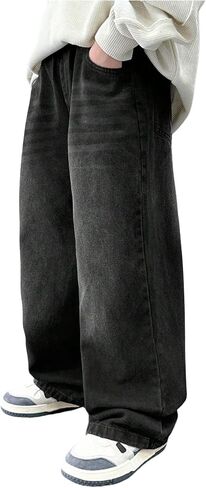 GORGLITTER Boy's Baggy Jeans Vintage Casual High Waist Wide Leg Washed Elastic Denim Pants Trousers Y2K Streetwear in Kuwait