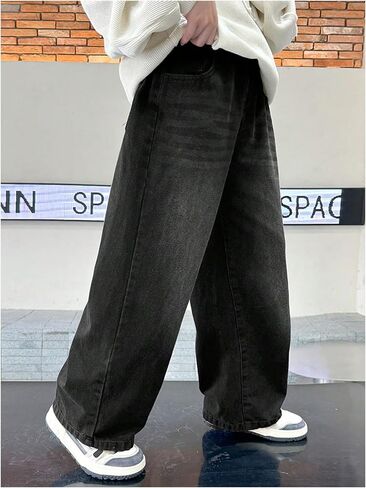 GORGLITTER Boy's Baggy Jeans Vintage Casual High Waist Wide Leg Washed Elastic Denim Pants Trousers Y2K Streetwear in Kuwait
