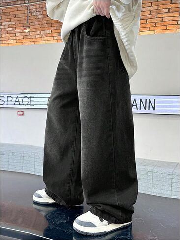GORGLITTER Boy's Baggy Jeans Vintage Casual High Waist Wide Leg Washed Elastic Denim Pants Trousers Y2K Streetwear in Kuwait