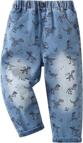 Toddler Boys Dinosaur Print Jeans Elastic Waist Denim Pants with Pockets Soft Cotton Casual Trousers for Kids 2T-7 Years in Saudi Arabia