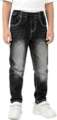 Boys Slim Fit Stretch Jeans Elastic Waist Pull-on Denim Pants with Pockets Kids School Size 8-12 in Kuwait