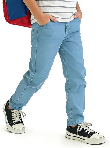Boys Slim Fit Stretch Jeans Elastic Waist Pull-on Denim Pants with Pockets Kids School Size 8-12 in Kuwait
