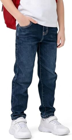 Boys Slim Fit Stretch Jeans Elastic Waist Pull-on Denim Pants with Pockets Kids School Size 8-12 in Kuwait