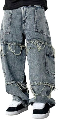 SHENHE Boy's Baggy Jeans Y2k Frayed Raw Trim Hip Hop Skater Jeans Wide Leg Denim Pants in Kuwait