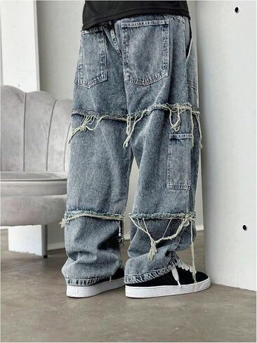 SHENHE Boy's Baggy Jeans Y2k Frayed Raw Trim Hip Hop Skater Jeans Wide Leg Denim Pants in Kuwait