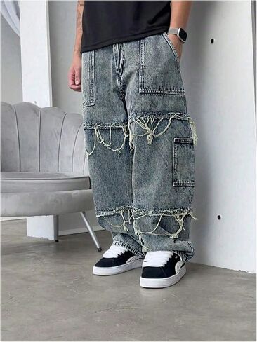 SHENHE Boy's Baggy Jeans Y2k Frayed Raw Trim Hip Hop Skater Jeans Wide Leg Denim Pants in Kuwait