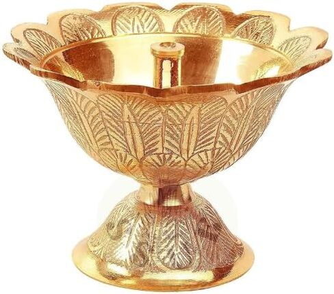 Brass Engraved Kamal Diya with Cotton Wick, 2.5 Inches Deepak Aarti Oil Lamp Pooja Puja Jyoti Diya Accessory Positivity,Success,Health,Wealth,Worship Religious Temple/Mandir Festival Diwali Gift in Saudi Arabia