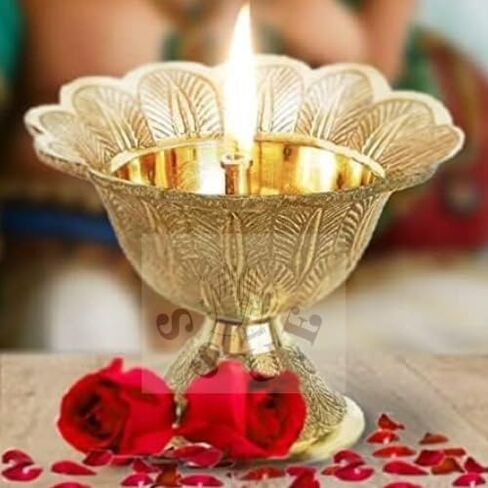 Brass Engraved Kamal Diya with Cotton Wick, 2.5 Inches Deepak Aarti Oil Lamp Pooja Puja Jyoti Diya Accessory Positivity,Success,Health,Wealth,Worship Religious Temple/Mandir Festival Diwali Gift in Saudi Arabia