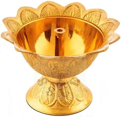 Brass Engraved Kamal Diya with Cotton Wick, 2.5 Inches Deepak Aarti Oil Lamp Pooja Puja Jyoti Diya Accessory Positivity,Success,Health,Wealth,Worship Religious Temple/Mandir Festival Diwali Gift in Saudi Arabia