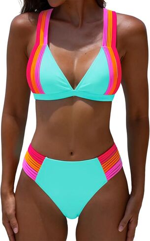 Women’s High Waisted Bikini Set Two Piece Color Block Swimsuit Neon Triangle Bathing Suit with Criss Cross Tie Back in Kuwait