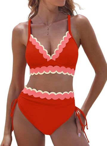 popvil High Waisted Bikini Sets for Women 2 Piece Tummy Control Swimsuit Neon Scalloped Trim Bathing Suit 2026 in Kuwait