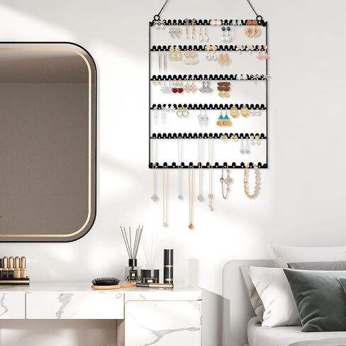 6 Tier Earring Holder Wall Mounted Hanging Earring Organizer, Earring Display Storage with 123 Holes and 129 Grooves Jewelry Organizer Tree for Stud/Hoop/Dangle Earrings Necklace（Black） in Saudi Arabia