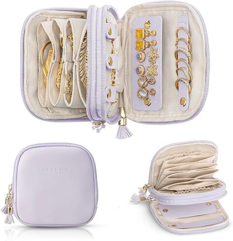 VLANDO Travel Jewelry Case,2-Layer Jewelry Organizer,Gifts for Women Bride,Travel Essentials,Multi-Compartment Jewelry Storage for Rings Earrings Necklaces Bracelets - Toffee in Kuwait
