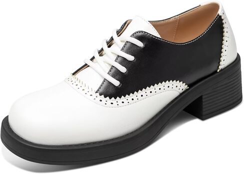 Women's Two-Tone Oxford Shoes, Lace-Up Brogue Dress Shoes with Chunky Heel, Comfortable Round Toe Casual & Office Oxfords for Women in Kuwait
