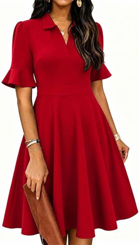 Mokayee Womens Summer Ruffle Sleeve Collared V Neck Fit and Flare Elegant A line Swing Dresses with Pockets in Saudi Arabia