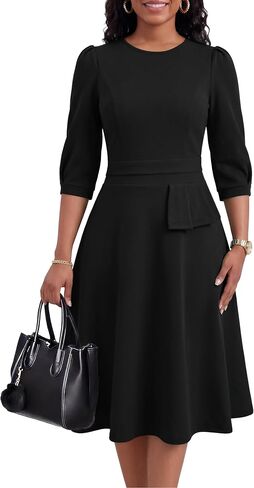 FANDEE Women's Wear to Work Midi Dress, Crew Neck A-line Peplum Church Office Business Dresses with Pockets in Kuwait