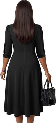 FANDEE Women's Wear to Work Midi Dress, Crew Neck A-line Peplum Church Office Business Dresses with Pockets in Kuwait