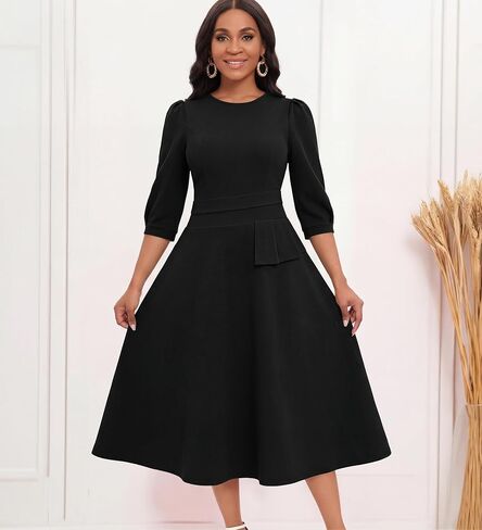 FANDEE Women's Wear to Work Midi Dress, Crew Neck A-line Peplum Church Office Business Dresses with Pockets in Kuwait
