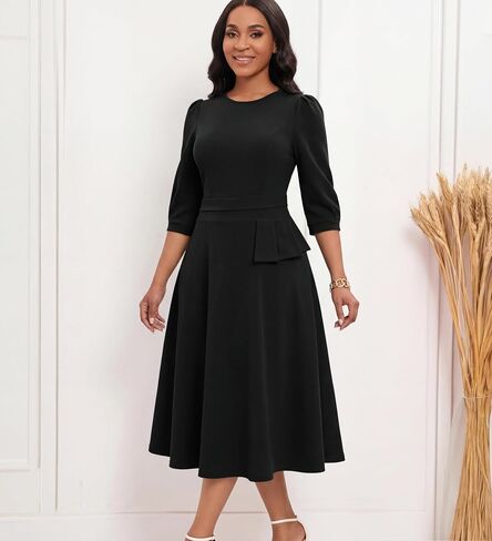 FANDEE Women's Wear to Work Midi Dress, Crew Neck A-line Peplum Church Office Business Dresses with Pockets in Kuwait