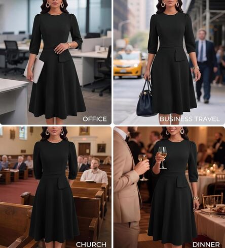 FANDEE Women's Wear to Work Midi Dress, Crew Neck A-line Peplum Church Office Business Dresses with Pockets in Kuwait