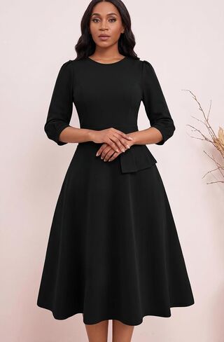 FANDEE Women's Wear to Work Midi Dress, Crew Neck A-line Peplum Church Office Business Dresses with Pockets in Kuwait