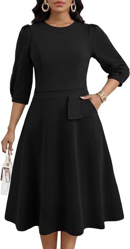 FANDEE Women's Wear to Work Midi Dress, Crew Neck A-line Peplum Church Office Business Dresses with Pockets in Kuwait