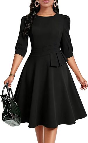 FANDEE Women's Wear to Work Midi Dress, Crew Neck A-line Peplum Church Office Business Dresses with Pockets in Kuwait