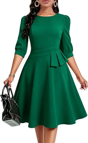 FANDEE Women's Wear to Work Midi Dress, Crew Neck A-line Peplum Church Office Business Dresses with Pockets in Kuwait
