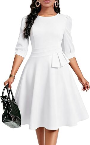 FANDEE Women's Wear to Work Midi Dress, Crew Neck A-line Peplum Church Office Business Dresses with Pockets in Kuwait