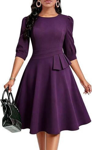 FANDEE Women's Wear to Work Midi Dress, Crew Neck A-line Peplum Church Office Business Dresses with Pockets in Kuwait