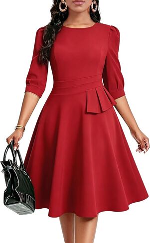 FANDEE Women's Wear to Work Midi Dress, Crew Neck A-line Peplum Church Office Business Dresses with Pockets in Kuwait