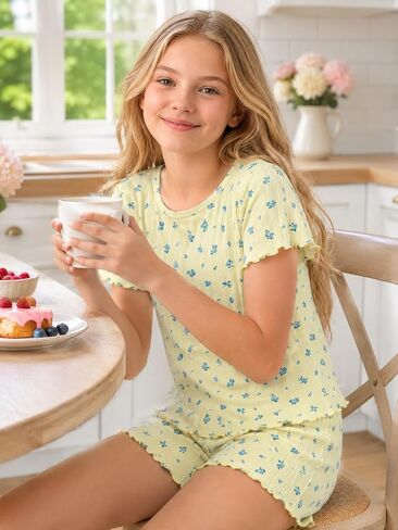 Tebbis Girls' Pointelle Knit Pajama Set - 2-Piece Short Sleeve PJs with Lettuce Trim & Adorable Prints Size 6-18 in Saudi Arabia