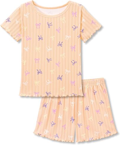 Tebbis Girls' Pointelle Knit Pajama Set - 2-Piece Short Sleeve PJs with Lettuce Trim & Adorable Prints Size 6-18 in Saudi Arabia