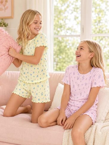Tebbis Girls' Pointelle Knit Pajama Set - 2-Piece Short Sleeve PJs with Lettuce Trim & Adorable Prints Size 6-18 in Saudi Arabia