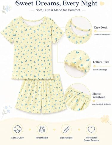 Tebbis Girls' Pointelle Knit Pajama Set - 2-Piece Short Sleeve PJs with Lettuce Trim & Adorable Prints Size 6-18 in Saudi Arabia