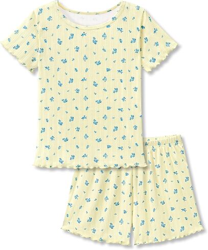 Tebbis Girls' Pointelle Knit Pajama Set - 2-Piece Short Sleeve PJs with Lettuce Trim & Adorable Prints Size 6-18 in Saudi Arabia