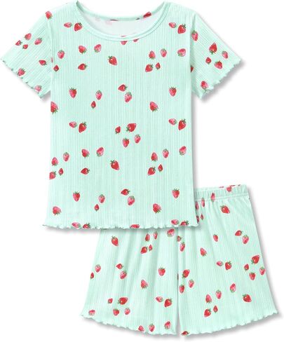 Tebbis Girls' Pointelle Knit Pajama Set - 2-Piece Short Sleeve PJs with Lettuce Trim & Adorable Prints Size 6-18 in Saudi Arabia