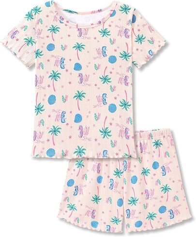 Tebbis Girls' Pointelle Knit Pajama Set - 2-Piece Short Sleeve PJs with Lettuce Trim & Adorable Prints Size 6-18 in Saudi Arabia