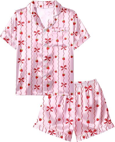 Beinou Girls Satin Pajama Sets Short Sleeve Button Down Ruffle PJs Silky Summer Loungewear for Big Kids Teens Size 8-15 in Saudi Arabia