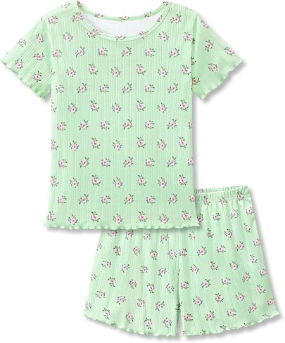 Tebbis Girls' Pointelle Knit Pajama Set - 2-Piece Short Sleeve PJs with Lettuce Trim & Adorable Prints Size 6-18 in Saudi Arabia