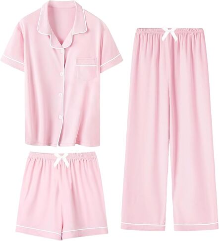 SANGTREE Girls & Women 100% Cotton Pajamas Set 3pcs Button Down Top with Long Pants & Shorts Sleepwear in Kuwait