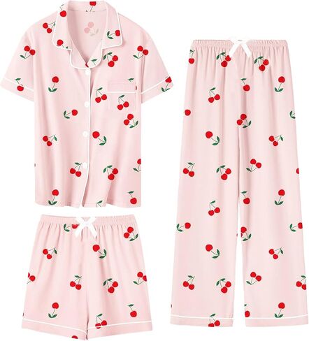 SANGTREE Girls & Women 100% Cotton Pajamas Set 3pcs Button Down Top with Long Pants & Shorts Sleepwear in Kuwait