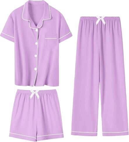 SANGTREE Girls & Women 100% Cotton Pajamas Set 3pcs Button Down Top with Long Pants & Shorts Sleepwear in Kuwait