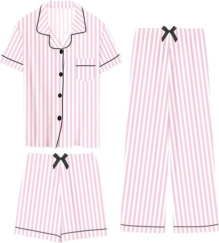 SANGTREE Girls & Women 100% Cotton Pajamas Set 3pcs Button Down Top with Long Pants & Shorts Sleepwear in Kuwait