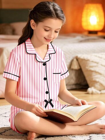SANGTREE Girls & Women 100% Cotton Pajamas Set 3pcs Button Down Top with Long Pants & Shorts Sleepwear in Kuwait