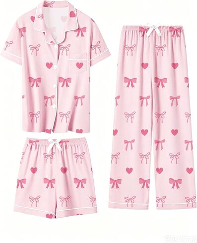 SANGTREE Girls & Women 100% Cotton Pajamas Set 3pcs Button Down Top with Long Pants & Shorts Sleepwear in Kuwait