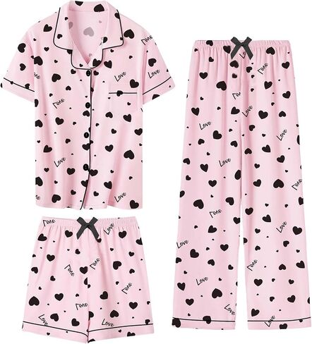 SANGTREE Girls & Women 100% Cotton Pajamas Set 3pcs Button Down Top with Long Pants & Shorts Sleepwear in Kuwait